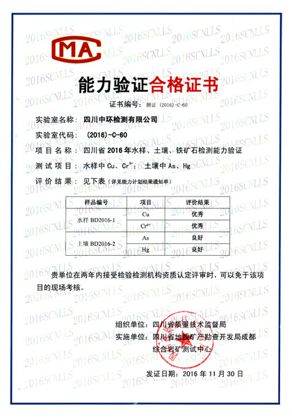 2016年能力驗(yàn)證合格證書(shū)